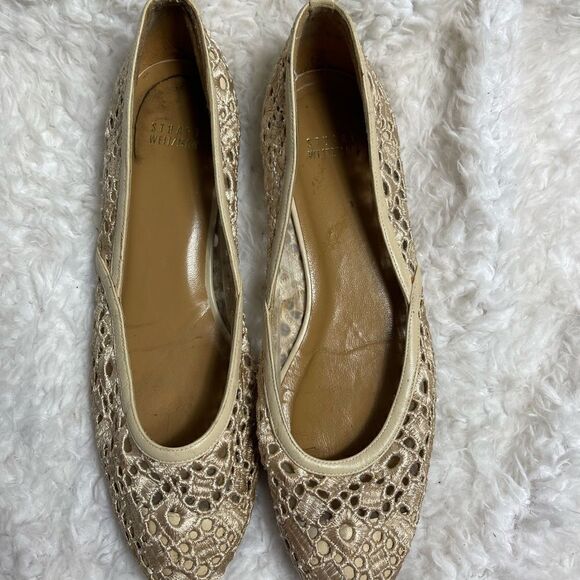 Stuart Weitzman Lace embroidery Beige slip on flats beige leather trim SZ10 - Picture 4 of 8